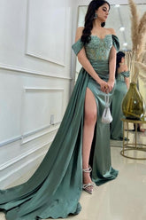 A-Line Floor-Length Stain Off-The-Shoulder Split Front Sweetheart Prom Evening Dresses with Lace